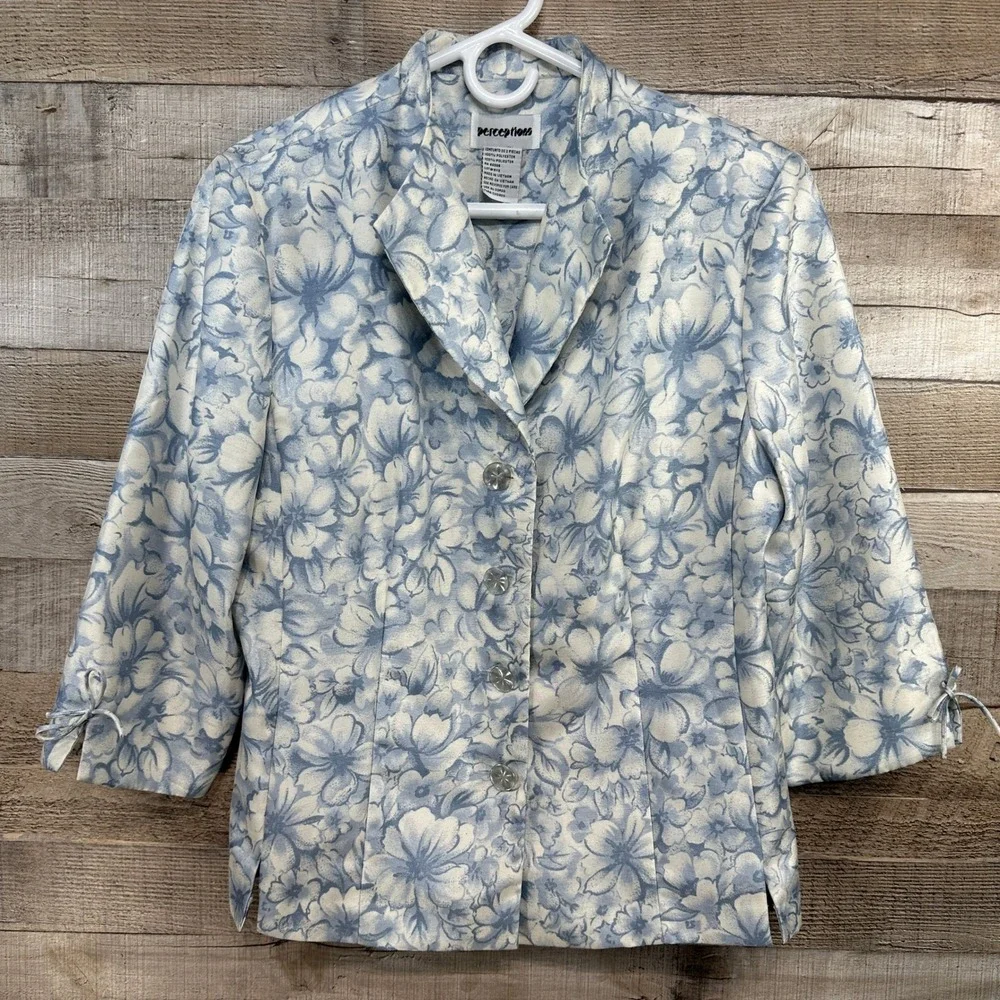 Perceptions Womens Blue White Floral‎ Blazer Jacket Special Occasion Size 12